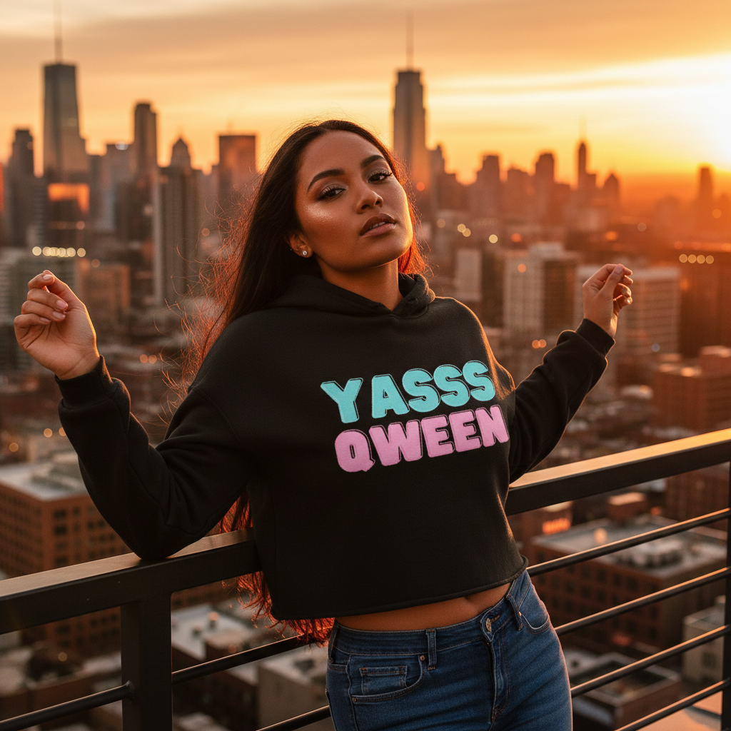 Yasss Qween Crop Hoodie in bold pastel letters—“YASSS QWEEN”—worn by a woman on a sunset rooftop, city skyline glowing.