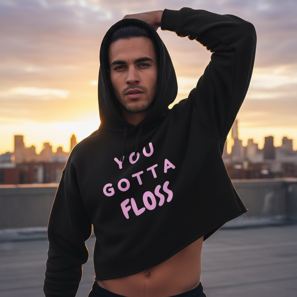 You Gotta Floss Crop Hoodie with bold pink lettering, worn by a young man posing confidently on a city rooftop at sunset.