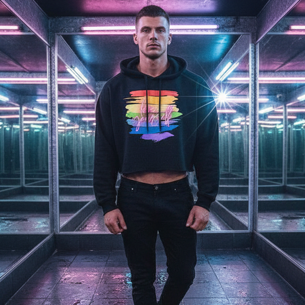 Love Yourself! Crop Hoodie—black with rainbow paint stripe—worn by a man in neon-lit, mirrored room; queer pride radiates.