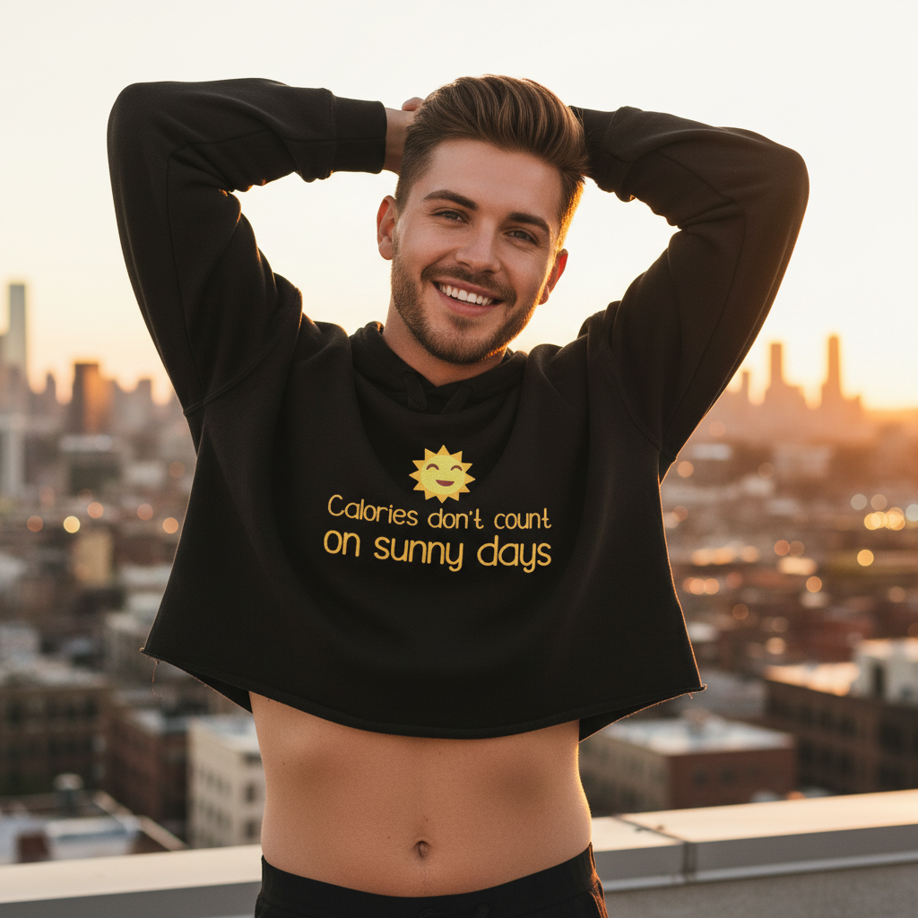 Calories Don't Count On Sunny Days crop hoodie with sun graphic and slogan, rocked by a smiling queer man on a sunset city rooftop.