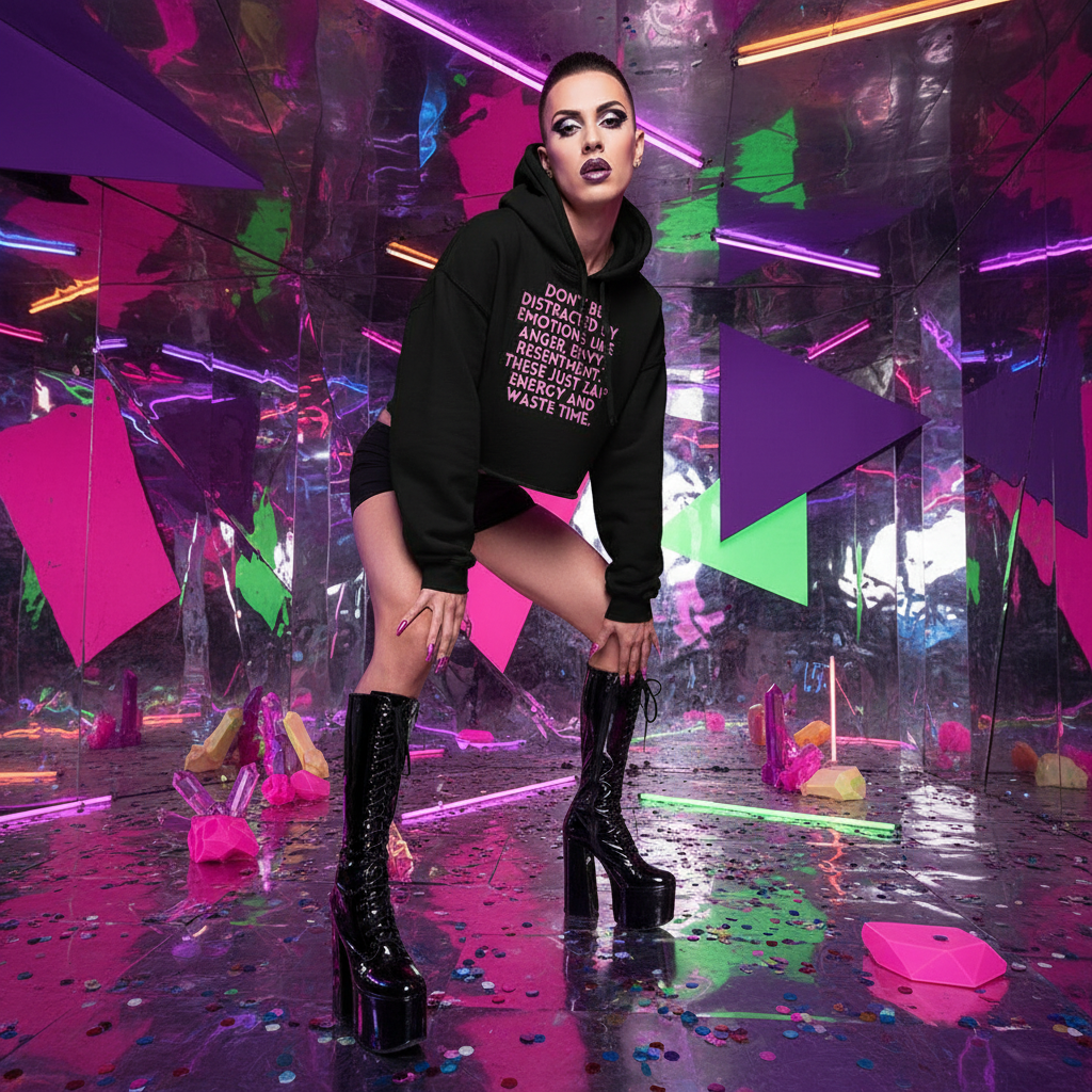 Don't Be Distracted By Emotions" crop hoodie on a bold, shaved-head queer in neon-lit mirrored room, black platform boots, confetti.