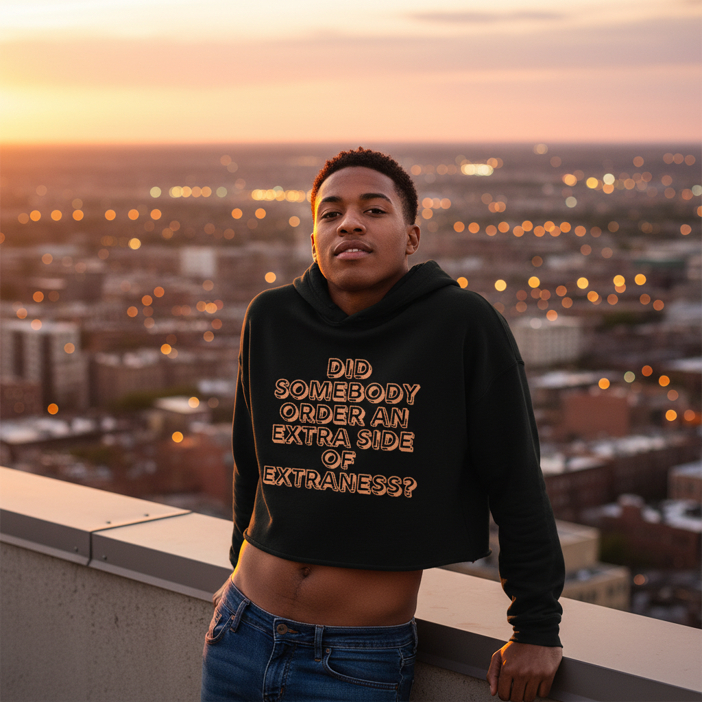 Extra Side Of Extraness Crop Hoodie in bold queer style, bright yellow text reads “Did somebody order an extra side of extraness?”—worn with blue jeans at sunset, rooftop city lights glowing behind a young person.