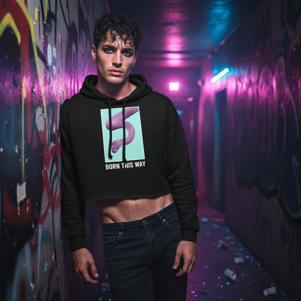 Born This Way Crop Hoodie with bold “Born This Way” text and snake graphic, worn by a queer person in neon graffiti alley, dark jeans.