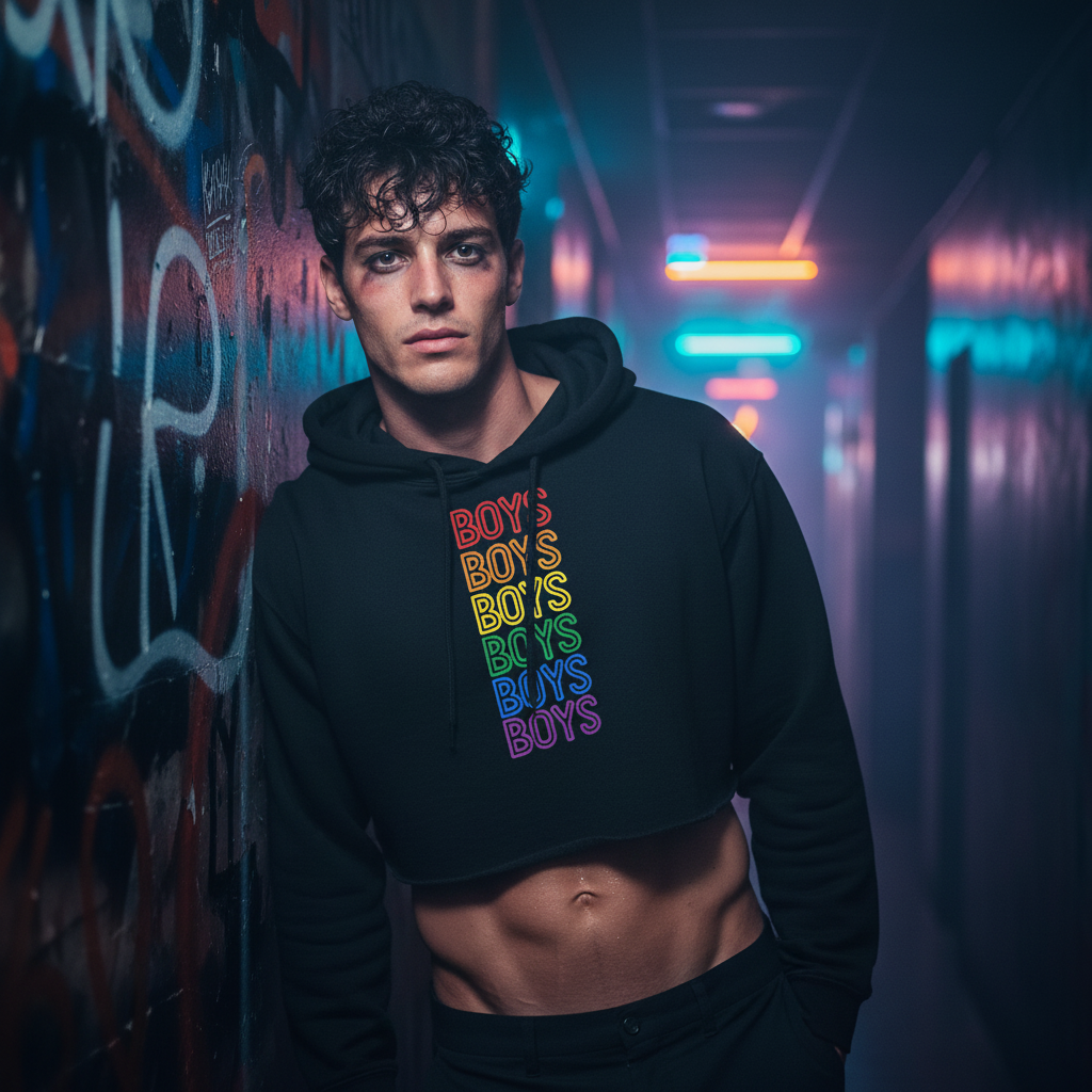 Crop hoodie with "Boys Boys Boys" in rainbow lettering on a curly-haired guy, neon-lit graffiti hallway, queer city fashion energy.