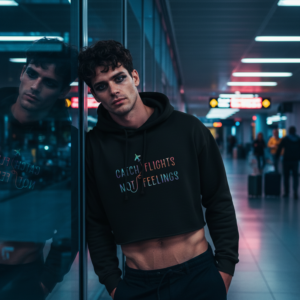Catch Flights Not Feelings" crop hoodie on a curly-haired young man, leaning at an airport glass wall; neon signs and queer terminal energy.