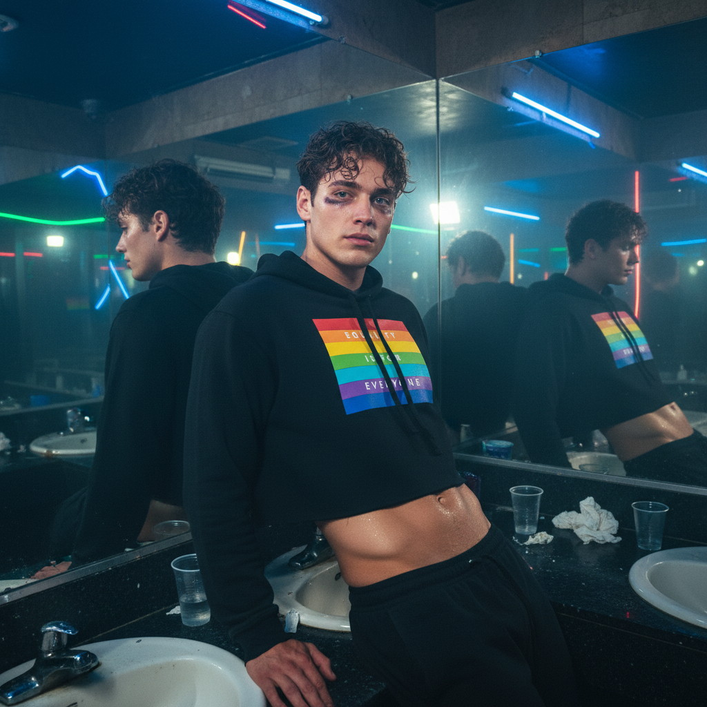 Equality Is For Everyone" crop hoodie on a young man with a bruised face at a neon-lit queer club sink, cups and tissues scattered.