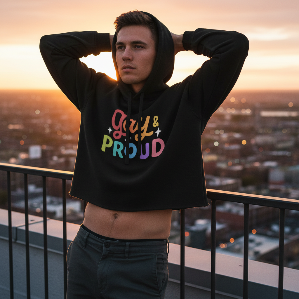 Gay & Proud Crop Hoodie with bold, colorful rainbow lettering worn at sunset on a rooftop, city skyline softly blurred behind.