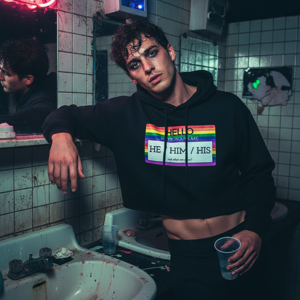 Hello My Pronouns Are He / Him / His" crop hoodie worn by a person in a dim, grimy bathroom with graffiti-covered walls.