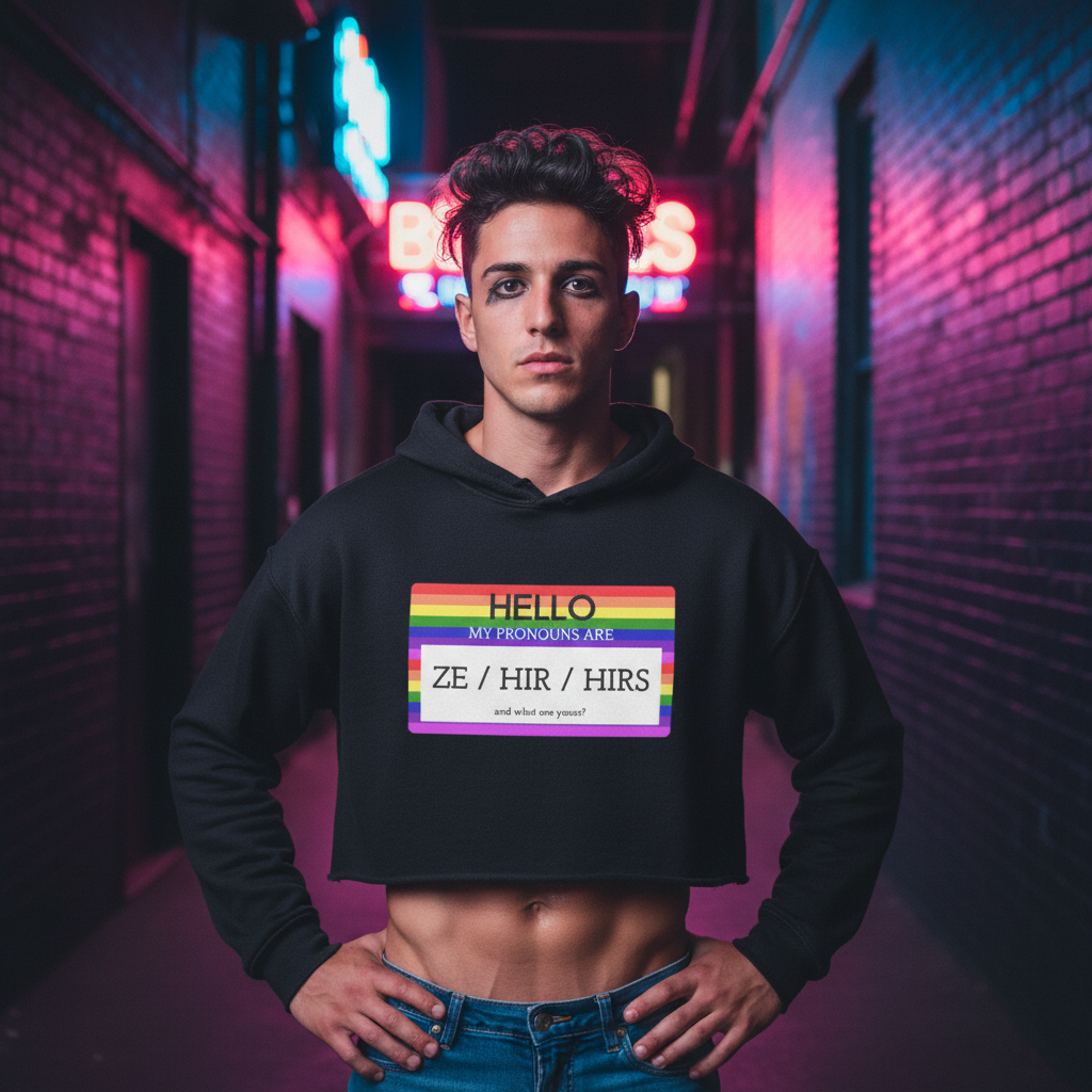 Hello My Pronouns Are Ze / Hir / Hirs crop hoodie in bold colors, worn confidently in a neon alley with queer pride energy.