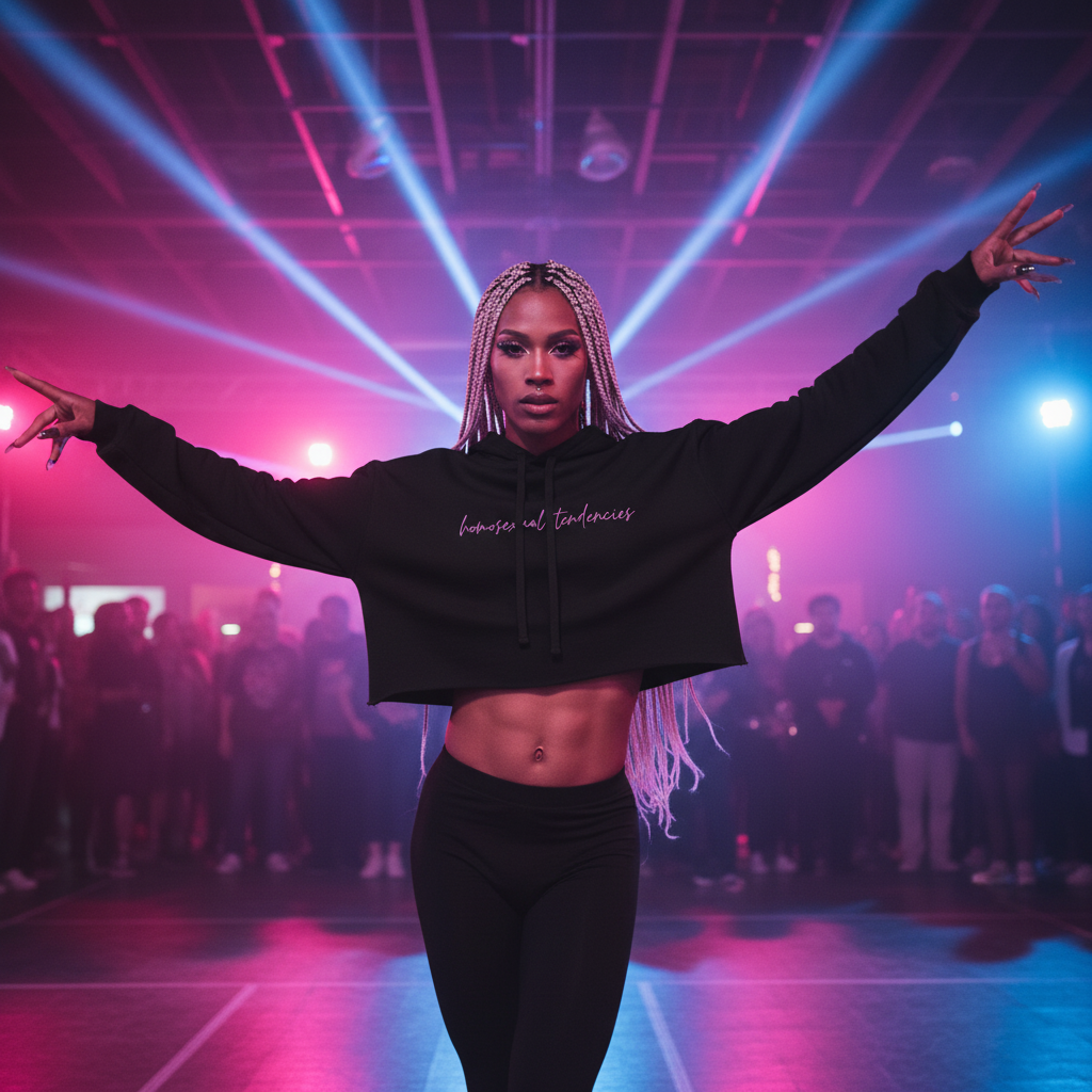 Homosexual Tendencies Crop Hoodie worn by a confident dancer with long blonde braids, arms wide under blue-pink pride lights onstage.