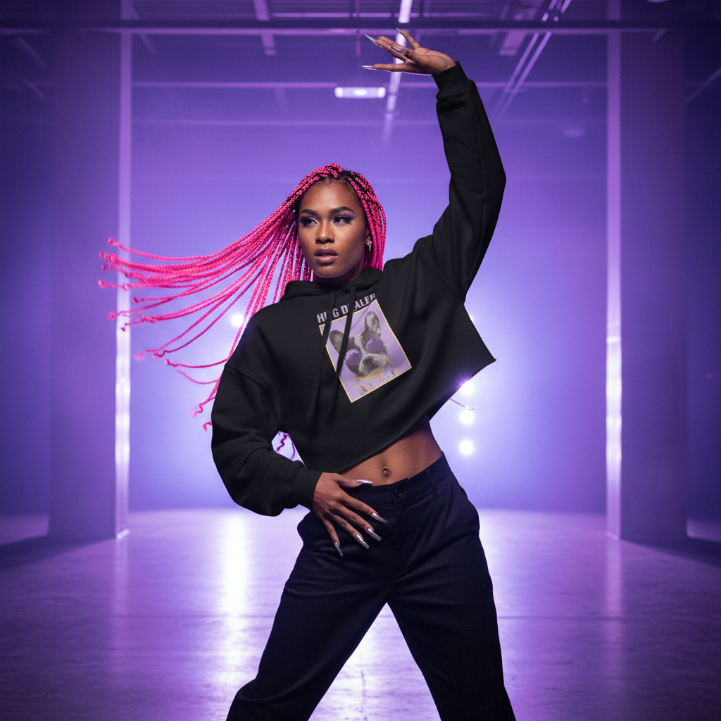 Hug Dealer Crop Hoodie styled with bold graphic print pants; femme with neon pink braids strikes a queer, playful pose in purple light.