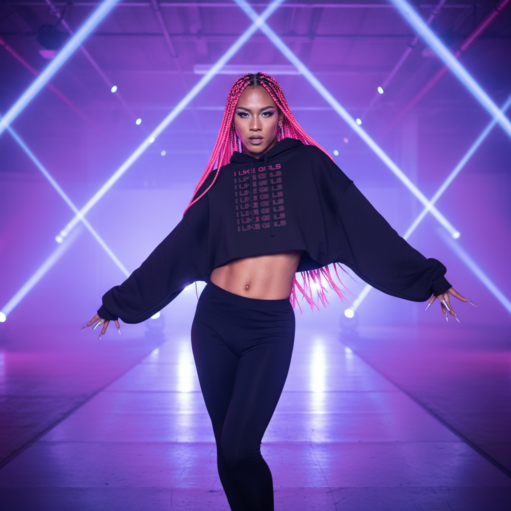 I Like Girls Crop Hoodie" in black, white slogan visible; femme with bright pink braids poses under purple lights and lasers.
