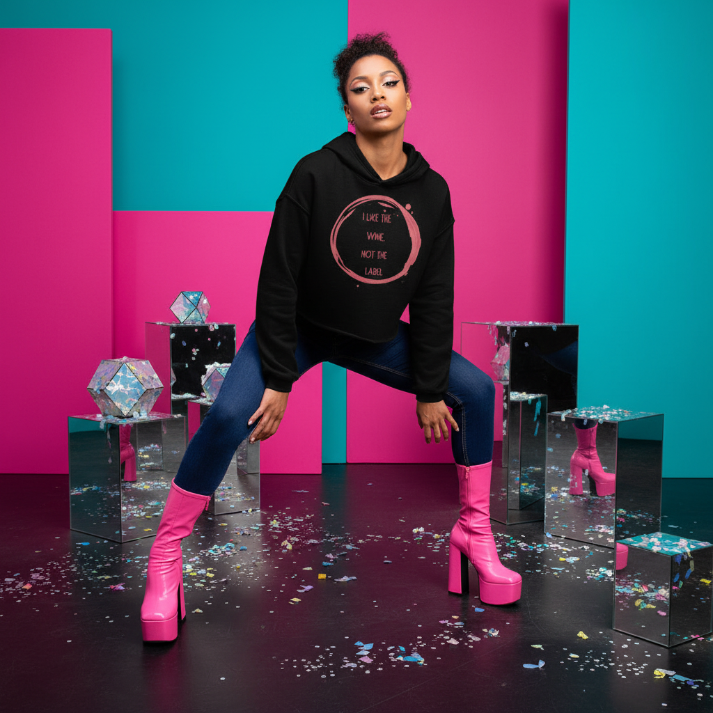Pansexual crop hoodie with “I Like The Wine Not The Label” slogan, blue jeans, pink platform boots; queer femme, confetti, mirrors.