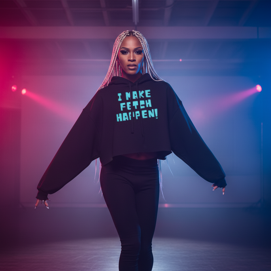 I Make Fetch Happen!" crop hoodie worn by a confident, long-braided person spotlighted in blue and pink industrial lighting.