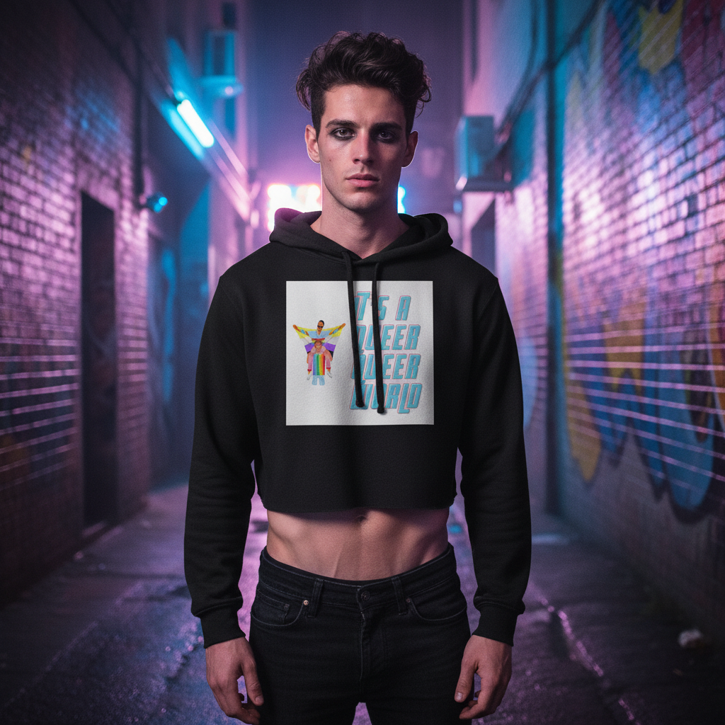 It's A Queer Queer World Crop Hoodie with vibrant graphics, worn in a neon alley with pink and blue lights, radiates LGBTQ+ pride.