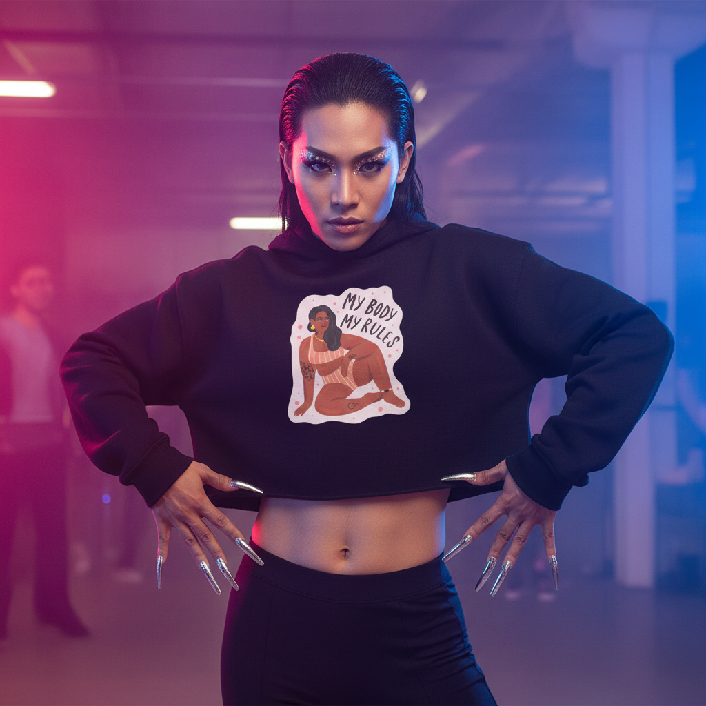 Black "My Body My Rules" crop hoodie, worn by a confident queer person with bold makeup, metallic nails, pride sticker.