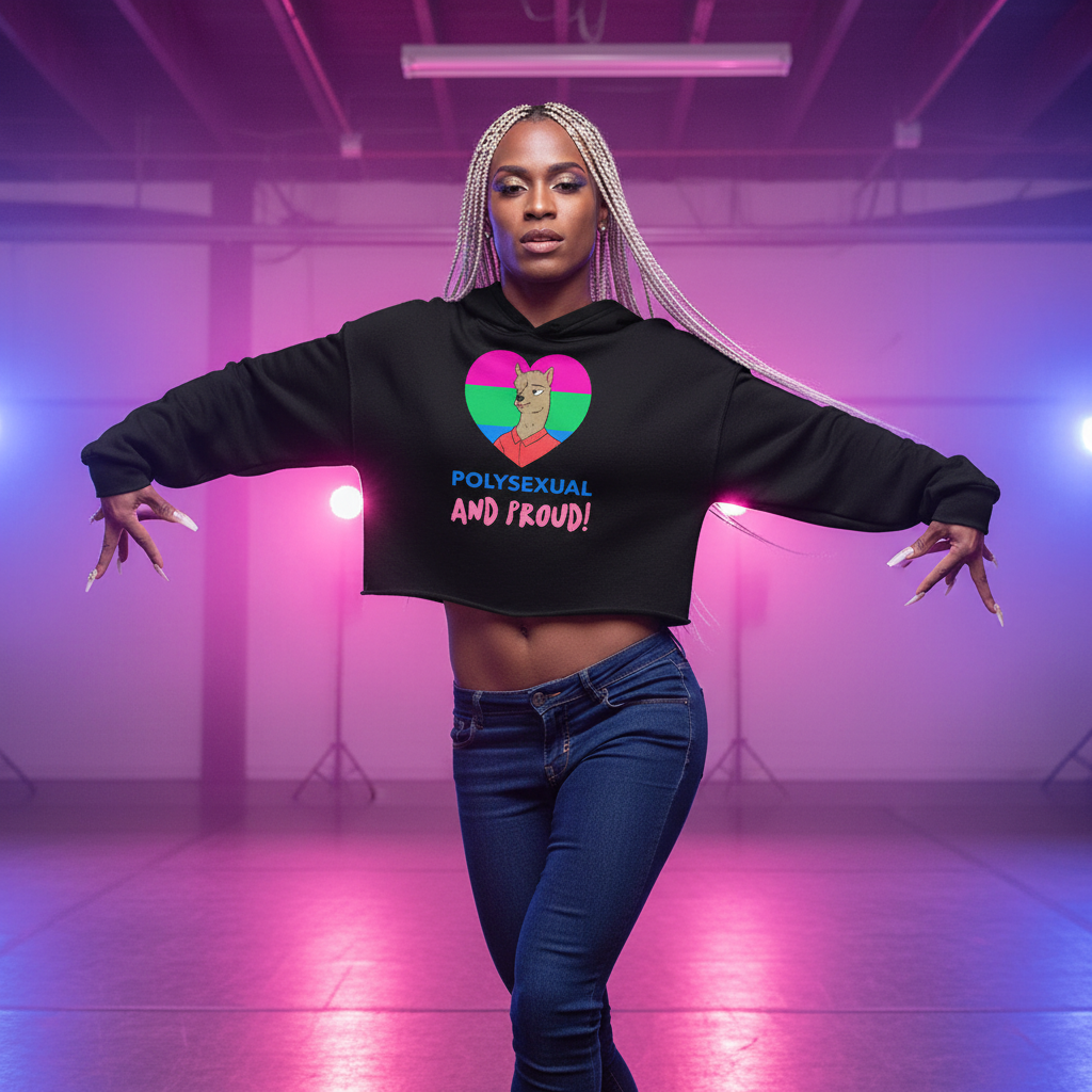 Polysexual And Proud Crop Hoodie in pinks, purples, and green with polysexual flag, cartoon, “POLYSEXUAL AND PROUD!”.