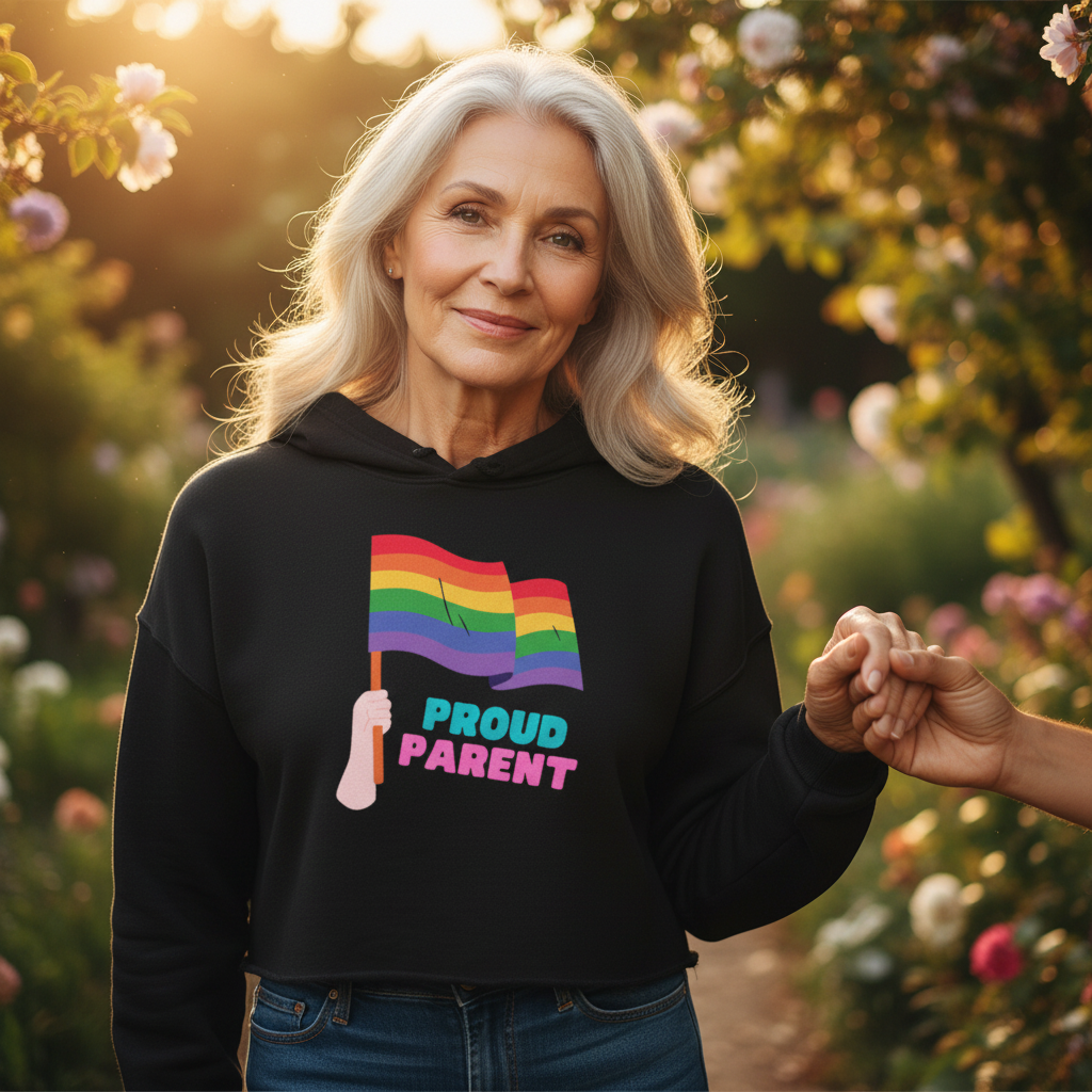Older woman in garden wears Proud Parent Crop Hoodie, featuring a rainbow pride flag. Embraces queer empowerment with trendy raw hem, combining warmth and LGBTQIA+ pride for bold self-expression.