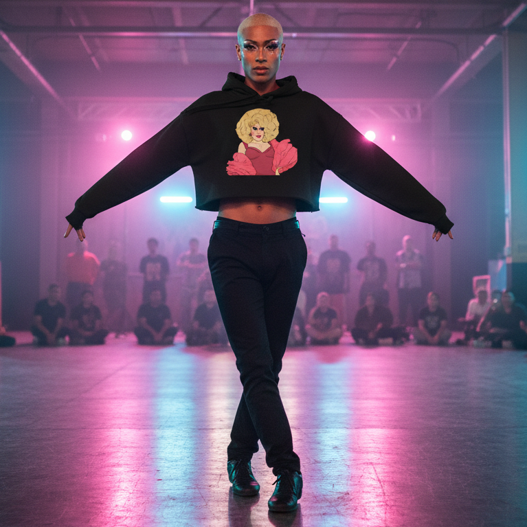 Sassy Trixie Mattel Crop Hoodie with cartoon face graphic shines on runway; pink and blue neon lights energize queer fashion vibe.