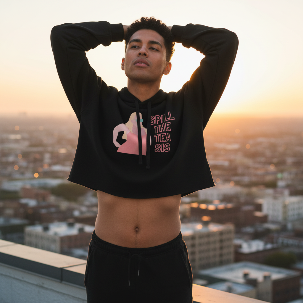 Black Spill the Tea Sis Crop Hoodie with “SPILL THE TEA SIS” and teacup graphic, worn proudly by a queer person at sunset on a city rooftop.