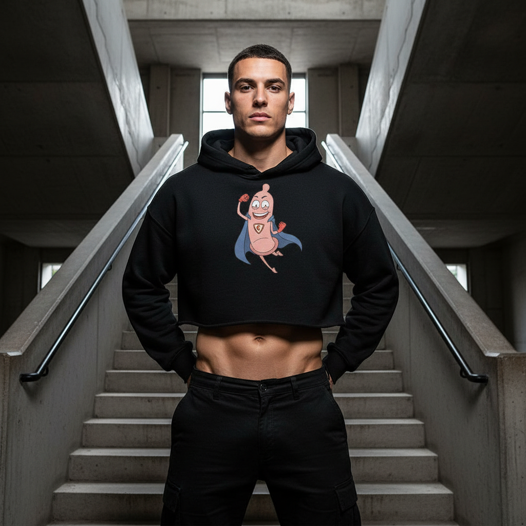 Super Condom Crop Hoodie with cartoon superhero condom and cape, rocked by a young man on steps, midriff out for queer fashion.