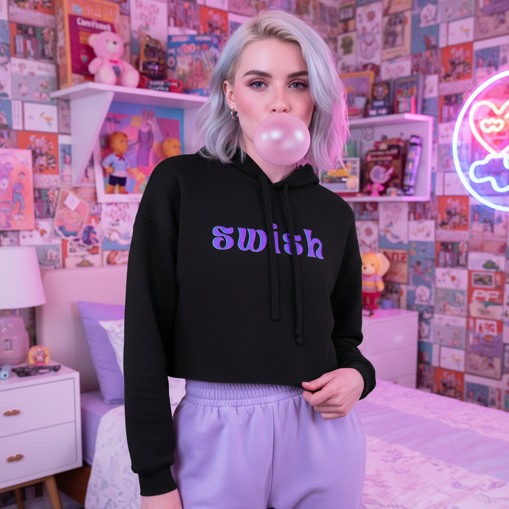 Young person models the bold Swish Crop Hoodie, featuring a purple-blue gradient logo on the cropped black fabric. This statement piece celebrates queer empowerment and pride with stylish raw hem and trendy aesthetic.