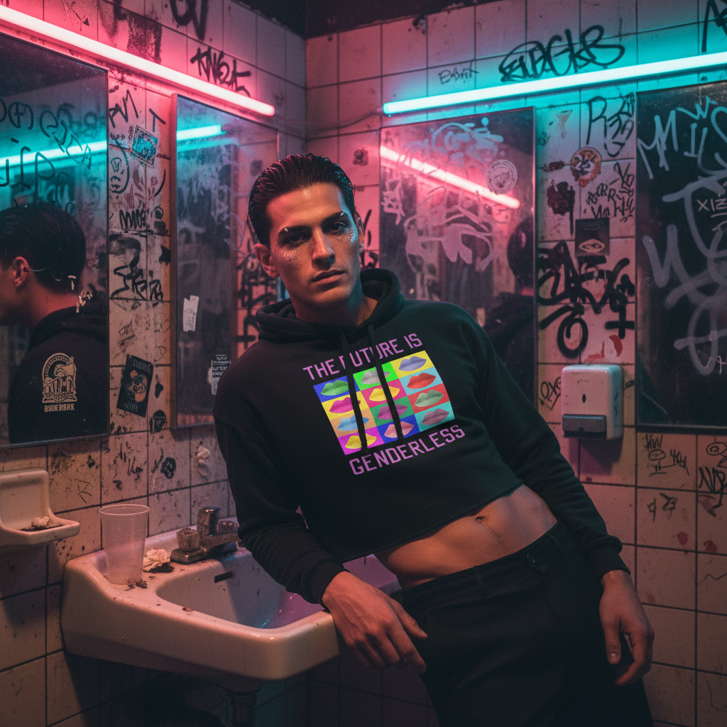 The Future Is Genderless" crop hoodie worn by a queer person with short dark hair, serving looks in pink and blue neon by a graffiti sink.
