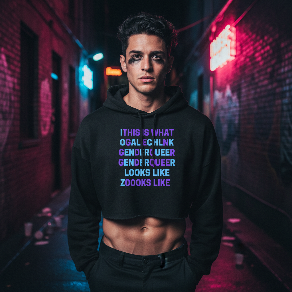 Crop hoodie reading "This Is What Genderqueer Looks Like," worn by a bold person with dark hair in a neon-lit queer alley scene.