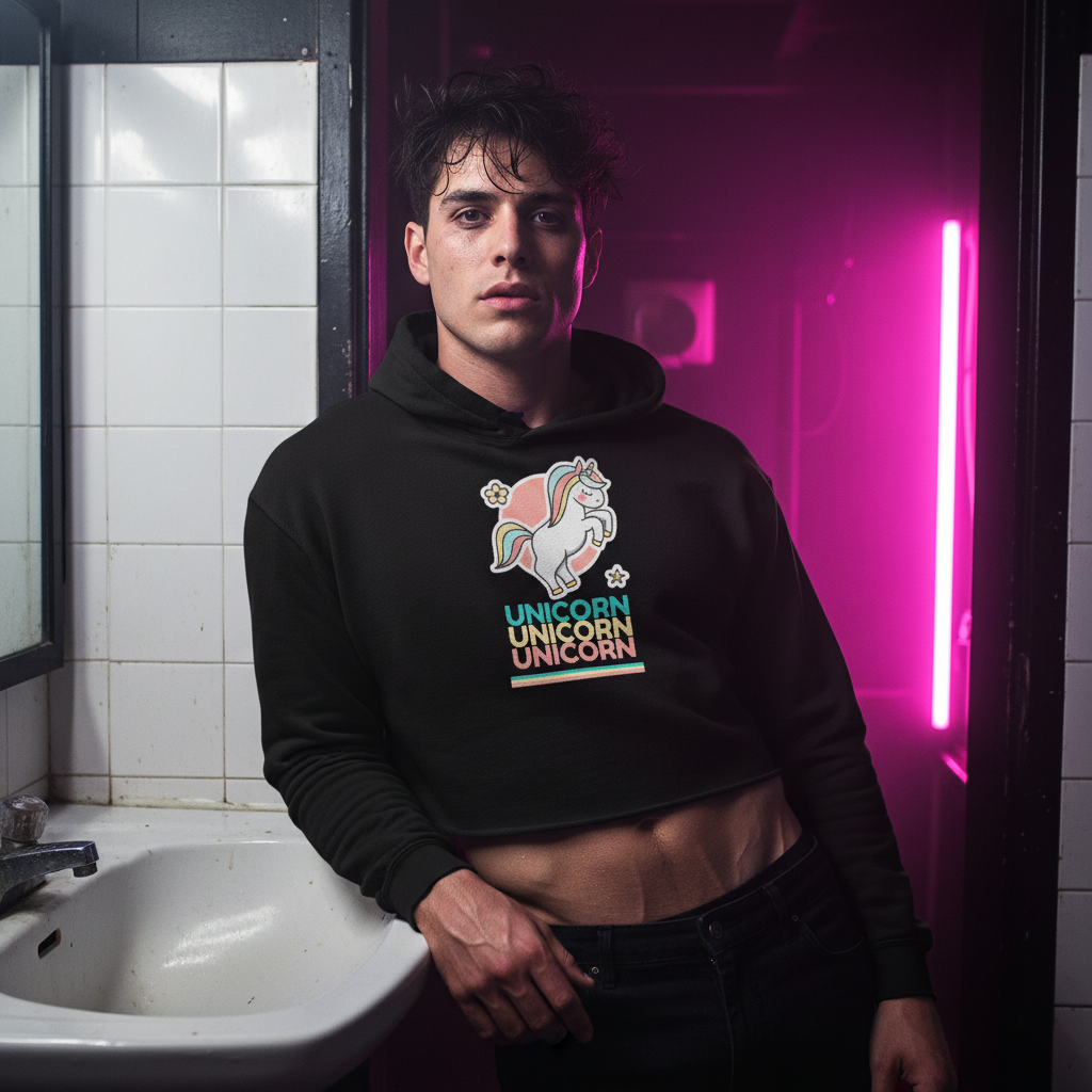 Black cropped Unicorn Unicorn Unicorn Crop Hoodie with a colorful unicorn and "UNICORN" text, worn by a young queer man in pink-lit tiles.