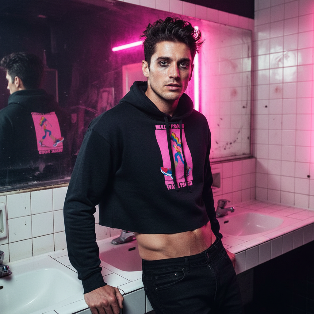 Crop hoodie with "Walk Proud Walk Loud" bold graphic, worn by a young queer man in a moody, neon-lit tiled bathroom.
