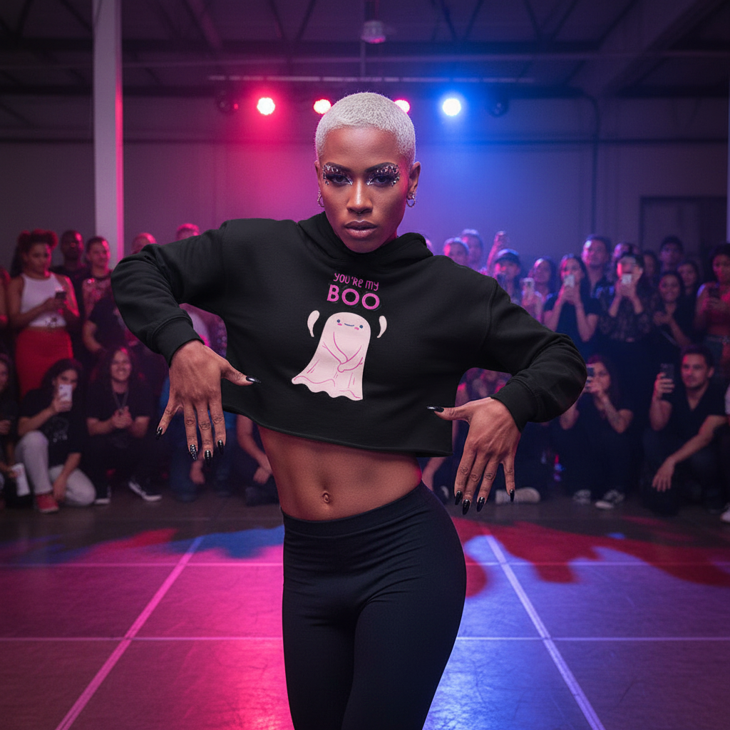 You're My Boo! Crop Hoodie with ghost graphic, black leggings; queer dancer with platinum hair and glam makeup poses onstage.