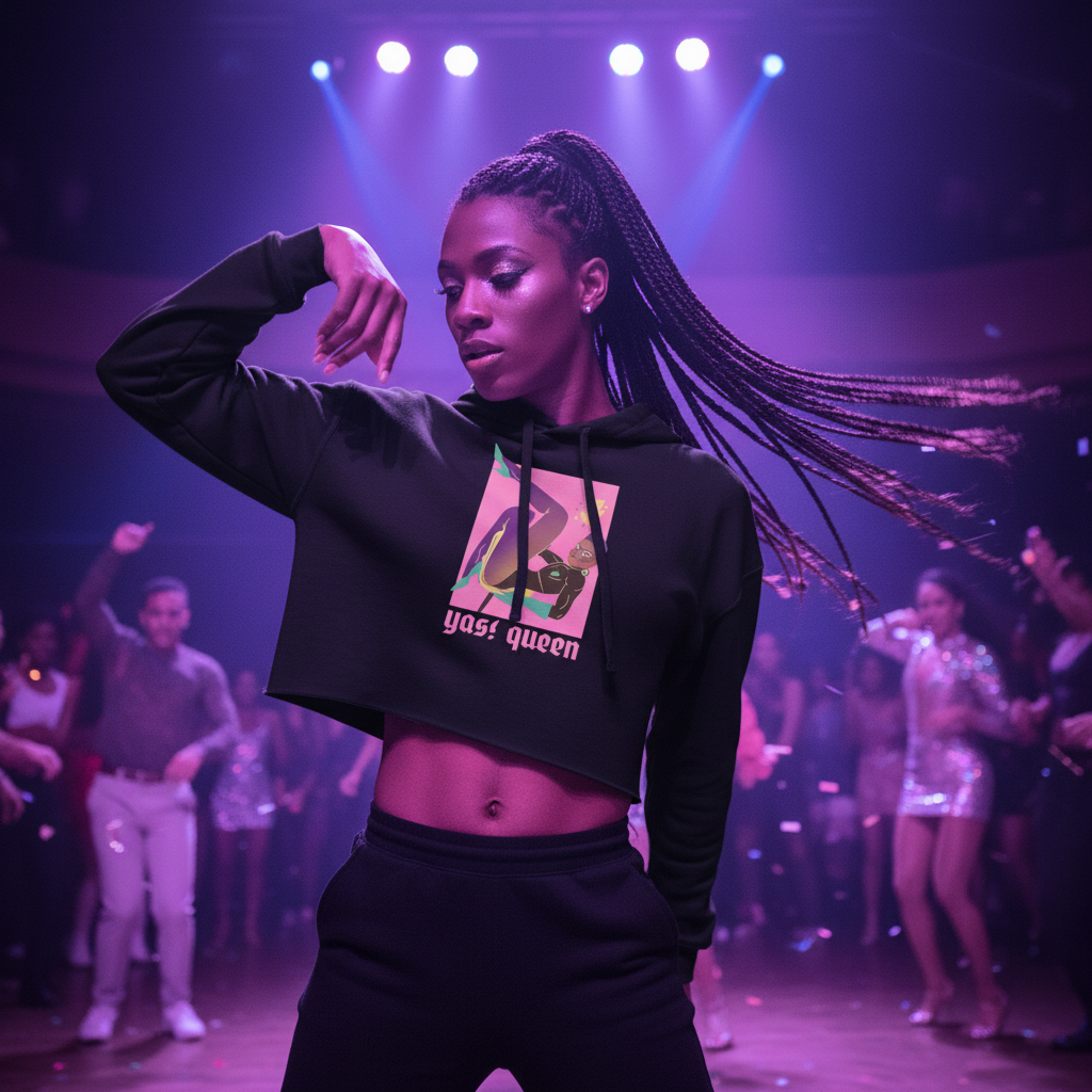 Yass Queen Crop Hoodie with a vibrant graphic and bold “Yass Queen” slogan, worn by a woman with long braids dancing in a purple-lit queer nightclub.