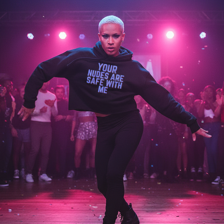 Crop hoodie reading "Your Nudes Are Safe With Me" worn by a blond, dancing onstage in pink lights, queer crowd cheering.
