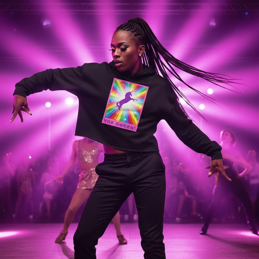 Yas Qween! Crop Hoodie with bright unicorn print, rocked by a box-braided woman owning a purple-lit queer stage moment.