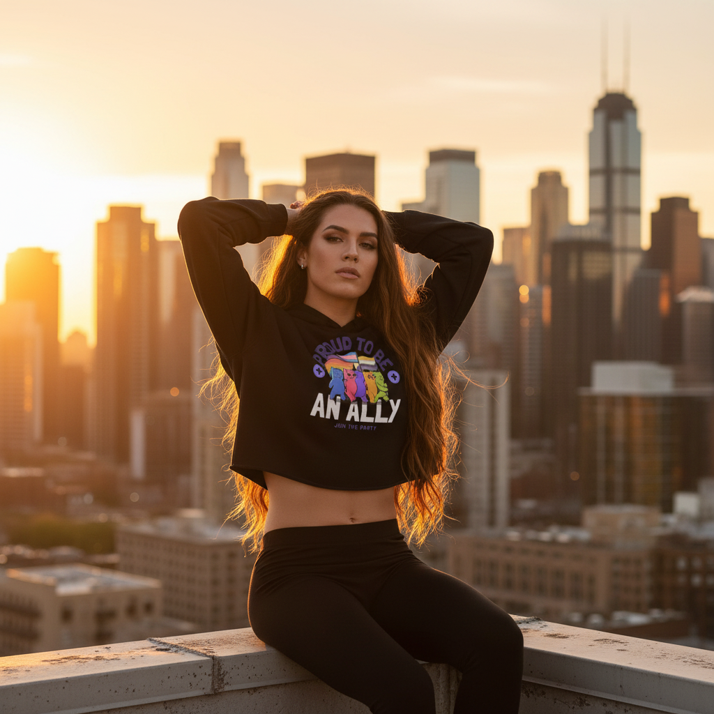 Proud To Be An Ally Crop Hoodie with vibrant rainbow-inspired graphics and bold "Proud to be an Ally" slogan, rooftop sunset pose.