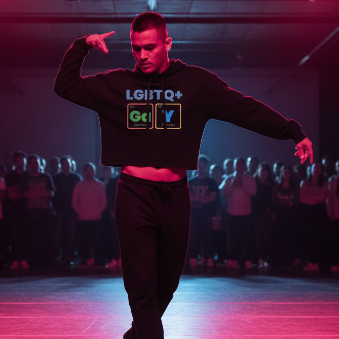 GaY Crop Hoodie on a queer dancer, pink-lit stage, one arm bent and the other pointing to their head, radiating LGBTQ+ energy.