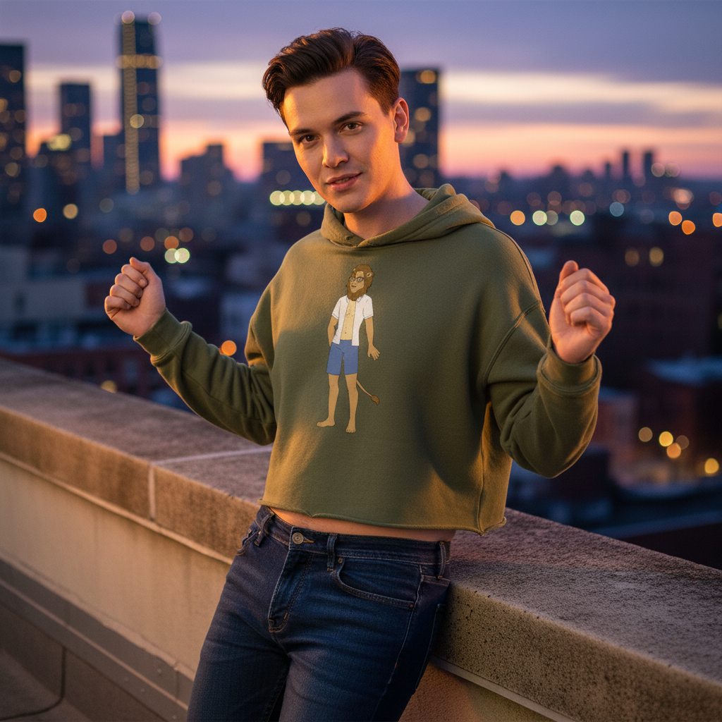 Olive green Gay Nerd Crop Hoodie with a cartoon man, fists raised, worn by a young queer person posing on a sunset-lit rooftop.