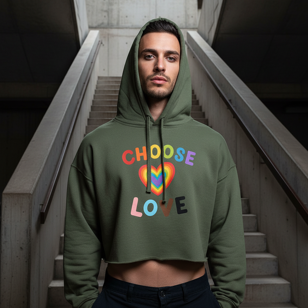 Crop hoodie with “CHOOSE LOVE” in bold, colorful letters and a rainbow heart, modeled by a confident man on indoor concrete stairs.