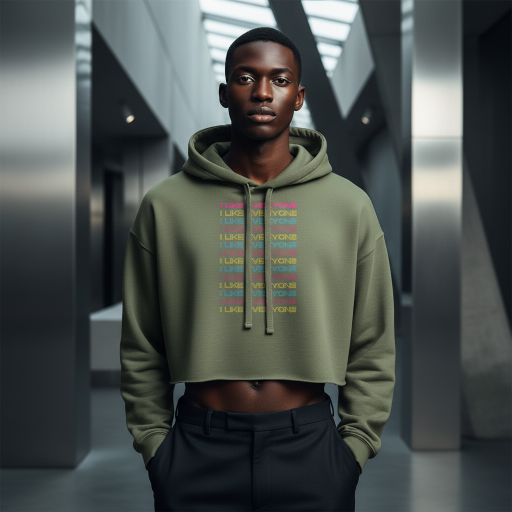I Like Everyone Crop Hoodie with bold rainbow lettering worn by a young man in black pants, serving queer energy indoors.