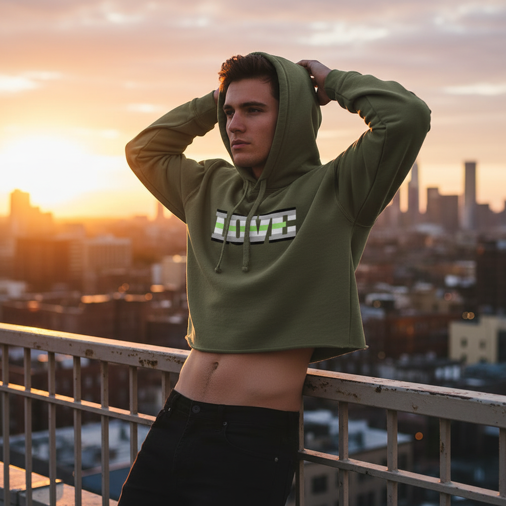 Agender Love Crop Hoodie with bold “LOVE” print, worn by a queer person on a rooftop at sunset, city skyline glowing behind.