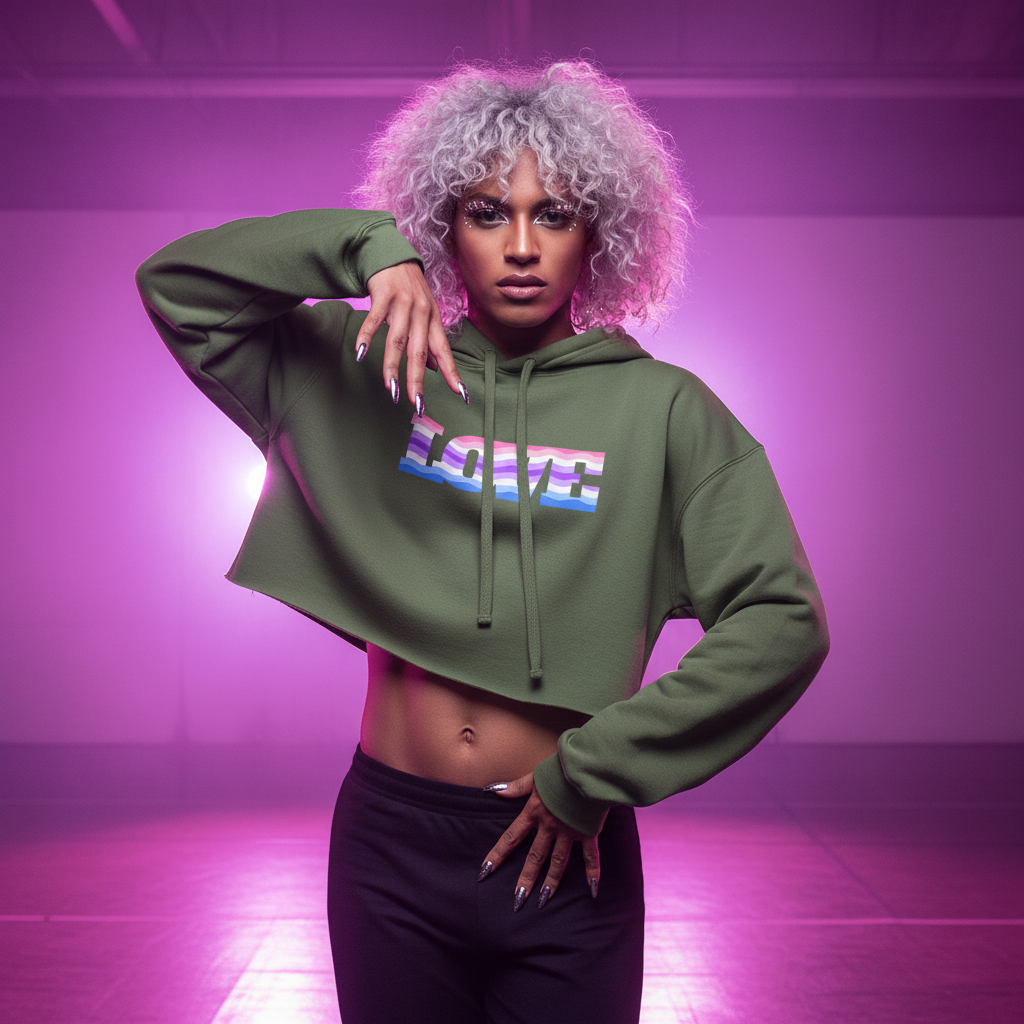 Alternative Genderfluid Love Crop Hoodie with a multicolored “LOVE” graphic, styled by a silver-pink haired model in black pants.