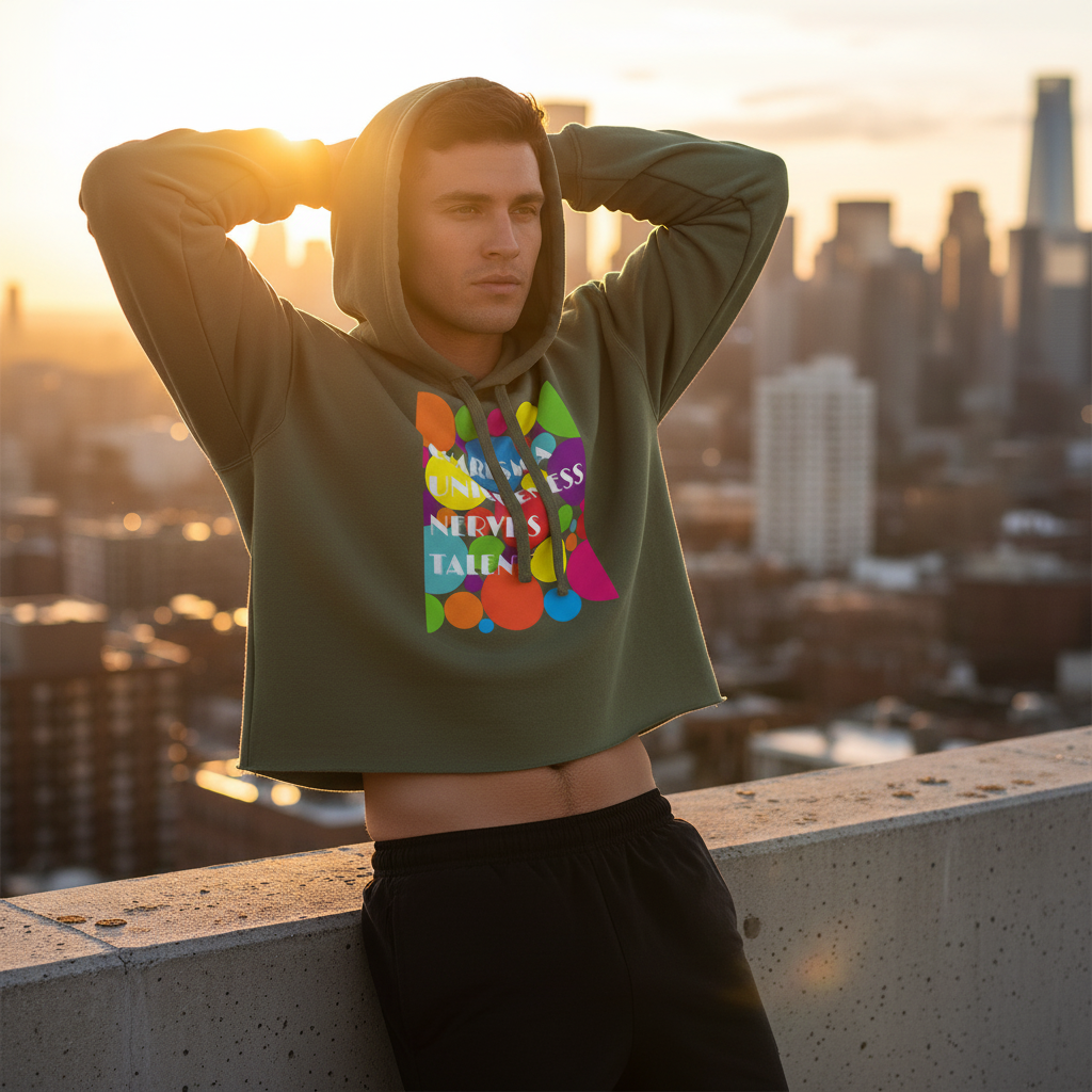 Charisma Uniqueness Nerve & Talent Crop Hoodie with bold colorful graphic, modeled by a young man at sunset on a rooftop, city skyline glowing with pride energy.