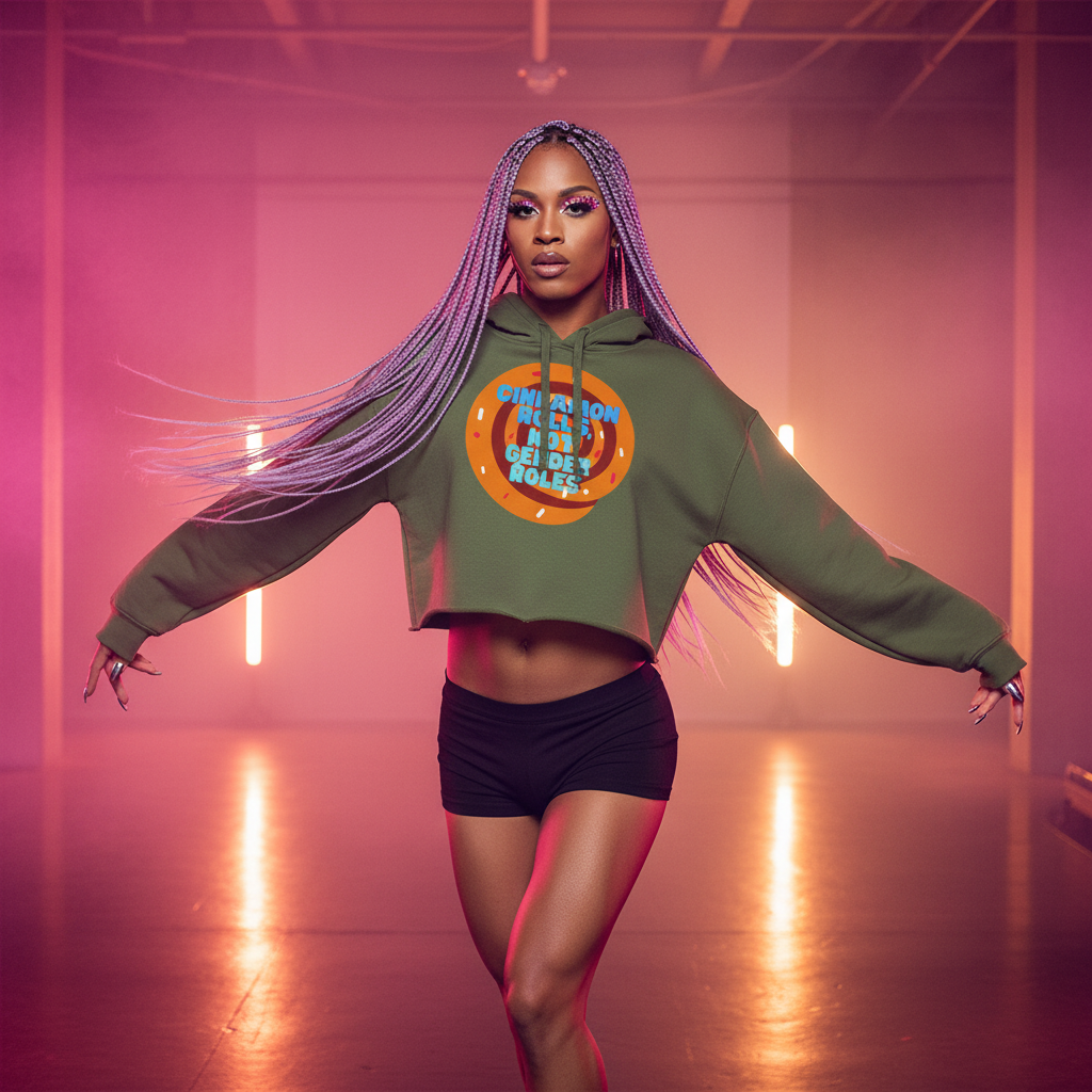 Crop hoodie reads “Cinnamon Rolls Not Gender Roles” in a circular graphic, worn by a femme dancing under pink-orange lights.