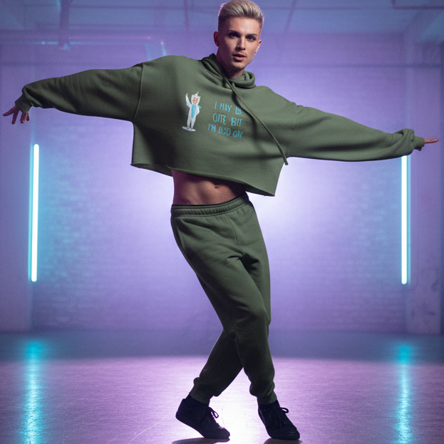 Olive green “Cute But Gay” crop hoodie with illustrated figure, matching sweatpants; queer person poses in neon-lit dance studio.