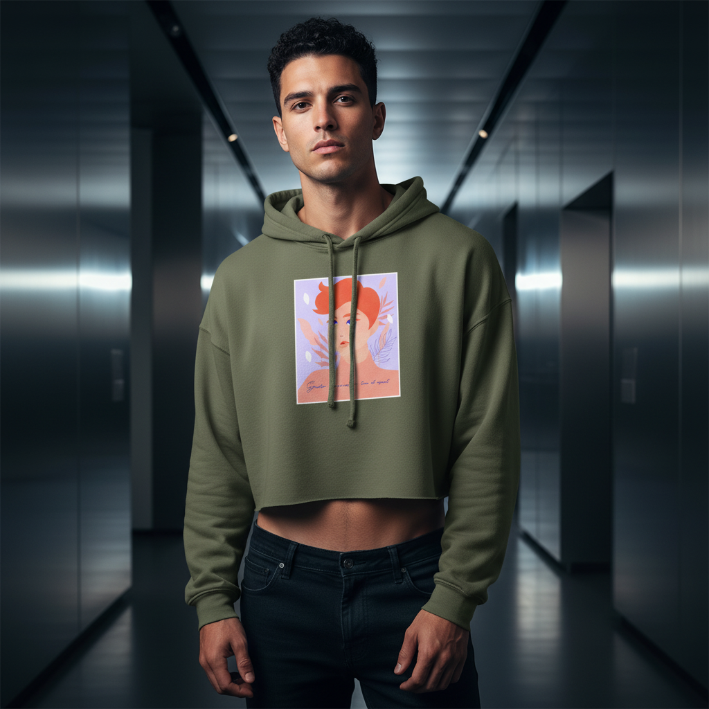 Olive green crop hoodie reading "Gender Is A Construct Tear It Apart," pastel red-haired woman and leaves, worn with black jeans.