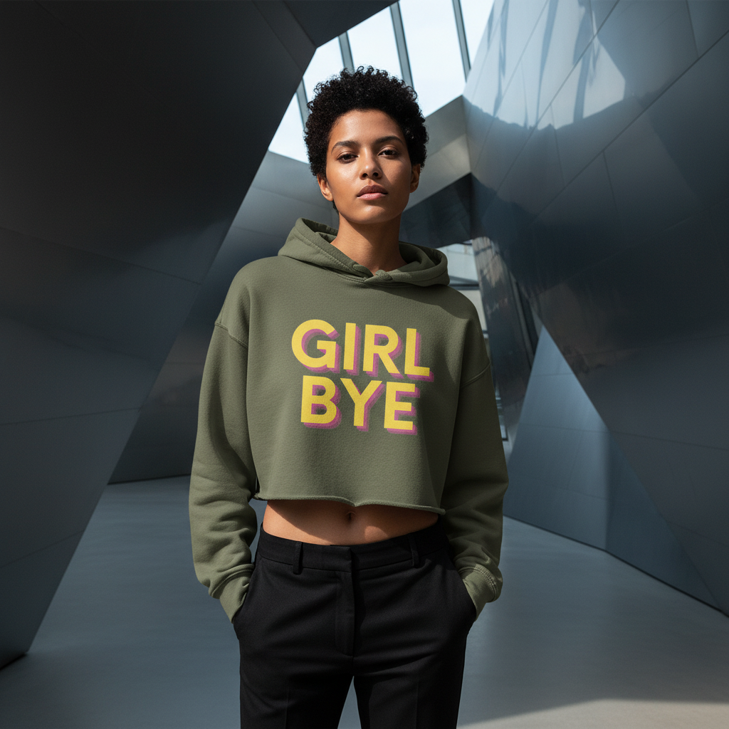 Girl Bye Crop Hoodie in olive, bold pink and yellow text, rocked with black pants by a queer babe serving confident hallway looks.
