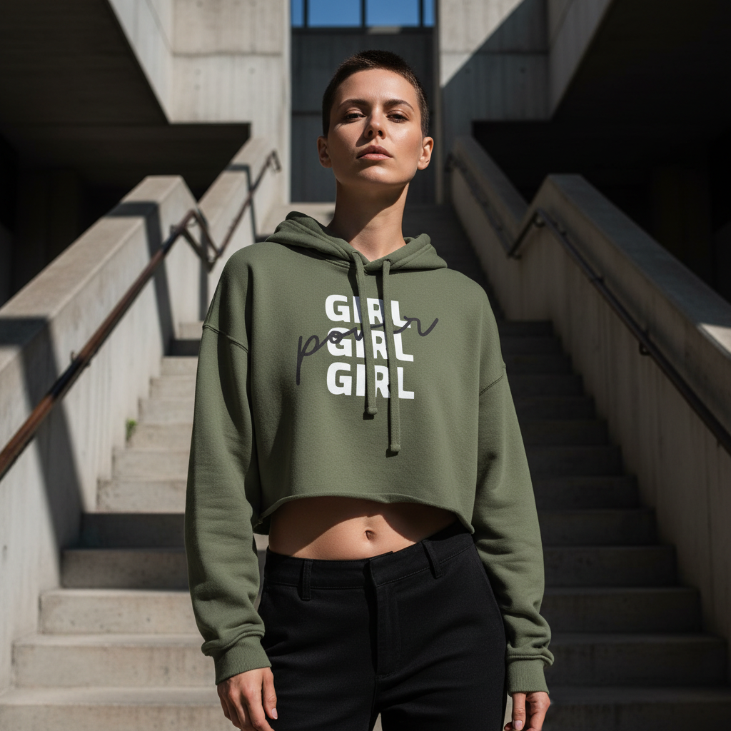 Girl Girl Girl Power crop hoodie with bold slogan, black pants; short-haired woman strikes a confident pose by urban concrete stairs.