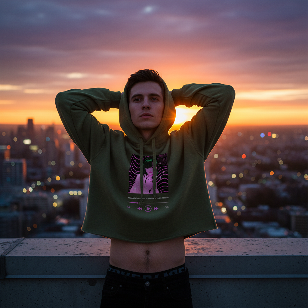 Guaranteed, I Can Blow Your Mind...Mwah! Crop Hoodie" worn by a queer youth at sunset on a city rooftop, city lights glowing.