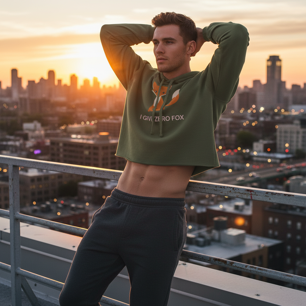 I Give Zero Fox Crop Hoodie, midriff-baring on a man at sunset, rooftop city view; queer vibes meet bold urban style.
