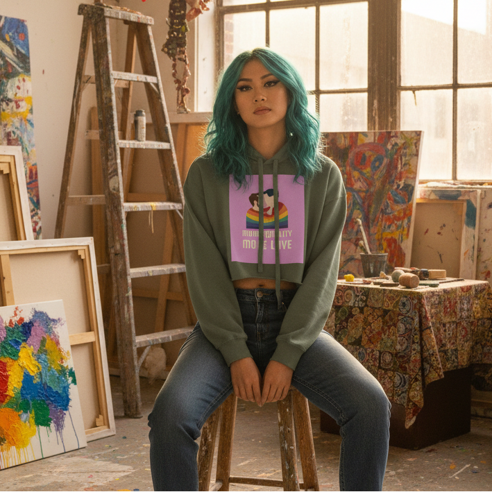 LGBT Couple Crop Hoodie in a sunlit art studio, worn with jeans by a femme-presenting person with teal hair and queer vibes.
